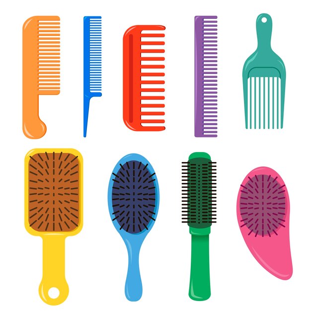 Plastic combs and professional brushes for hair styling. Different hairbrushes cartoon vector illustration set. Accessories, stylist and beauty salon tools, grooming, hairdressing equipment concept