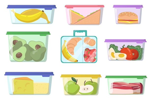 Free vector plastic containers with various food flat set