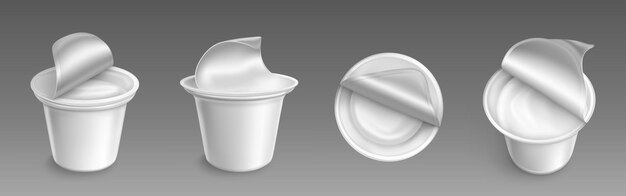 Plastic cup with open cap and yogurt inside set