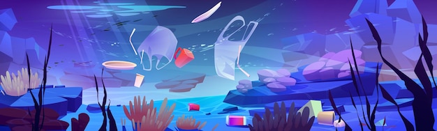Plastic garbage on ocean bottom. sea floor with different kinds\
of trash. package wastes, bags, bottles floating in water. ecology\
protection, underwater pollution concept, cartoon vector\
illustration