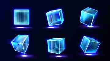 Free vector plastic or glass cubes glowing with neon light in different angle view, clear square box, crystal block, aquarium or exhibit podium, isolated glossy geometric objects, realistic 3d vector illustration