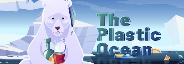 Plastic ocean banner with polar bear and garbage