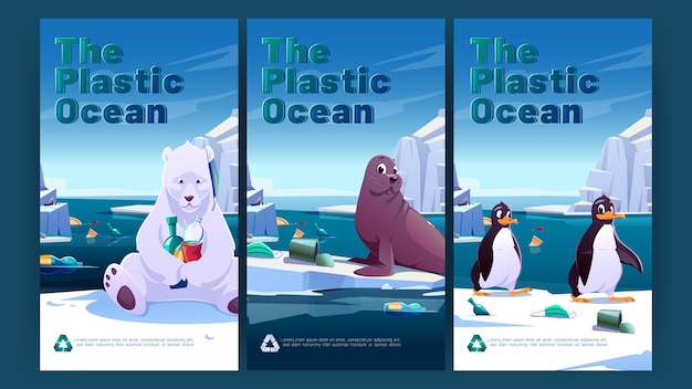 Plastic ocean banners with polar bear seal and penguins on glacier and garbage in sea water vector posters of sea pollution with cartoon arctic and antarctic scene with wild animals on ice and trash