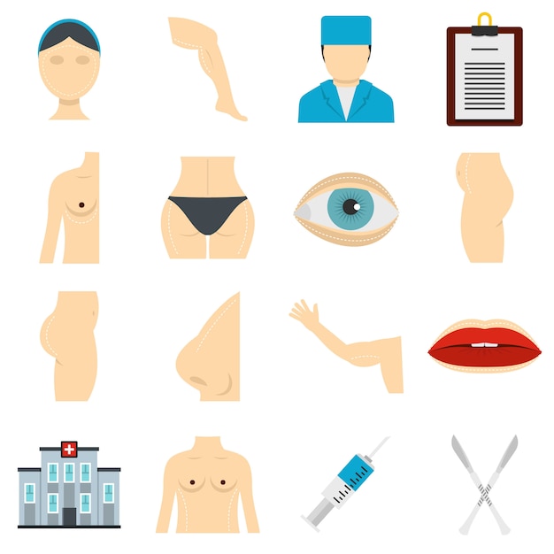 Plastic surgeon icons set in flat style