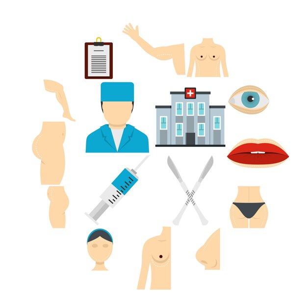 Plastic surgeon icons set in flat style