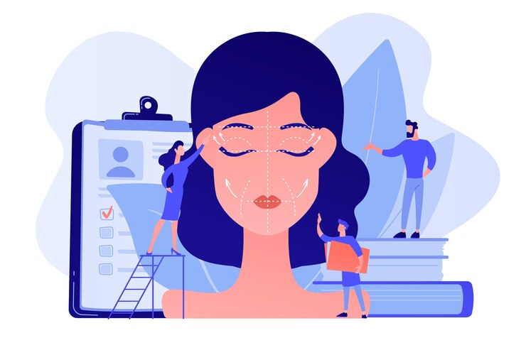Free Vector plastic surgeons working on facelift surgery for woman face with wrinkles. face lifting, rhytidectomy procedure, facelift surgery concept. pinkish coral bluevector isolated illustration