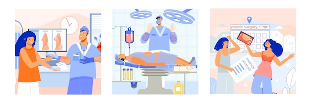 Бесплатное векторное изображение Пластическая хирургия 3 плоских квадратных иллюстрации