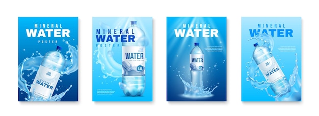 青い背景の現実的なベクトルイラストにミネラルウォーターのパッケージで設定されたプラスチック製の水筒のポスター