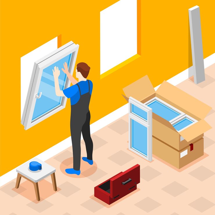 Free Vector plastic windows isometric concept with male worker doing indoors installation vector illustration