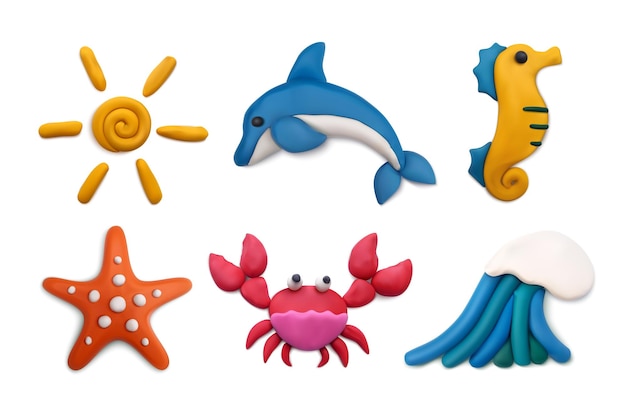 Plasticine modeling clay sea summer objects realistic top view set with crab dolphin sun isolated vector illustration