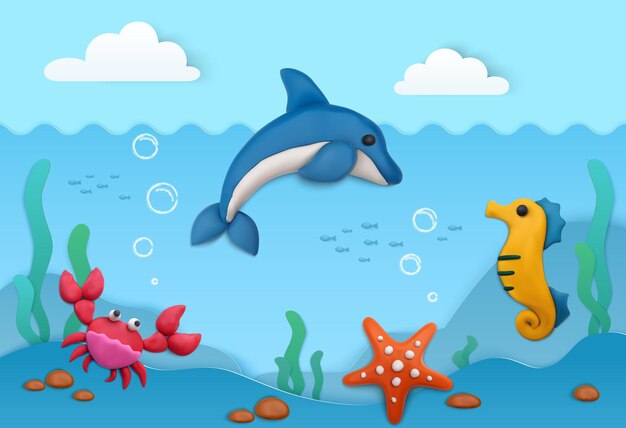 Plasticine summer background with sea underwater life