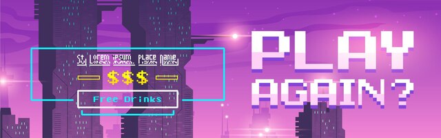 Play again pixel art cartoon web banner for game
