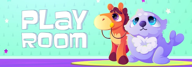 Play Room Cartoon Banner With Cute Kids Toys Seal And Horse On Funny Wallpaper Background Invitation Flyer To Kindergarten Baby Nursery Day Care Center Child Recreation Area Vector Illustration