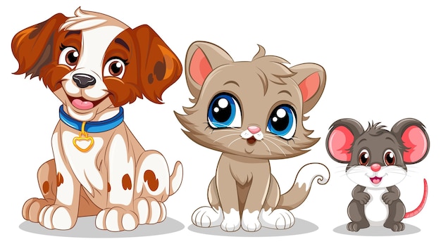 Бесплатное векторное изображение Игривые друзья-животные с милой мультяшной собакой, кошкой и мышью