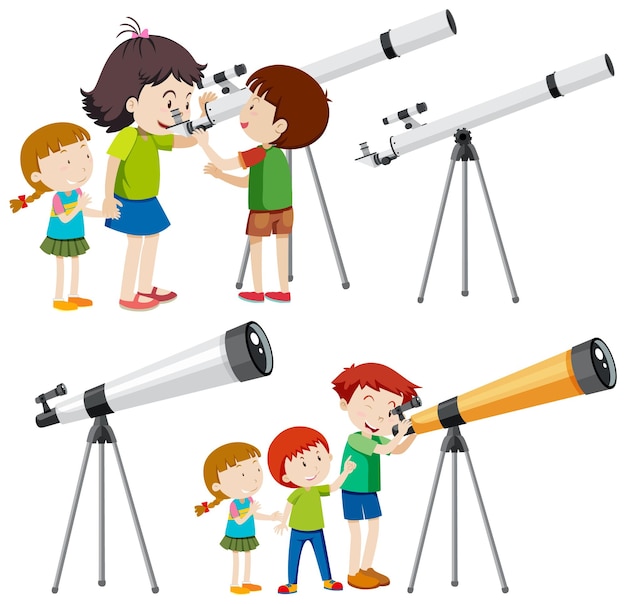 Playful children using telescopes vector collection