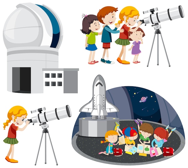 Playful children using telescopes vector collection