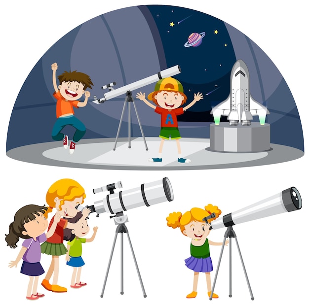 Free vector playful children using telescopes vector collection