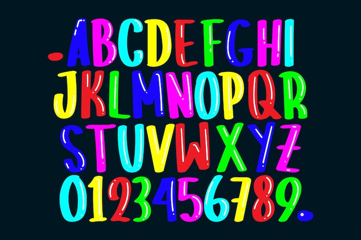 Free Vector playful colorful font design childish alphabet letters and numbers vector illustration
