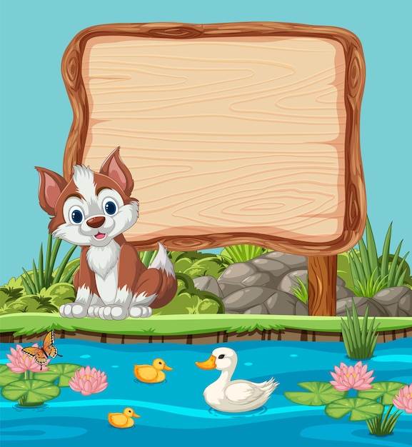 Бесплатное векторное изображение Играющий щенок у таблички на пруду