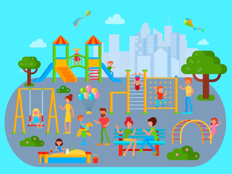 Free Vector playground composition with flat city urban landscape 