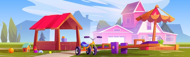 Free vector playground in courtyard of house with sandbox and toys seesaw swing and kids tricycle cartoon vector landscape with child play equipment in summer sunny day empty amusement park for play and sport