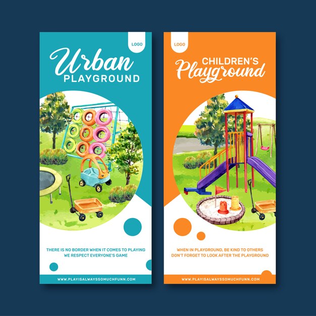 Playground flyer design with watercolor illustration.
