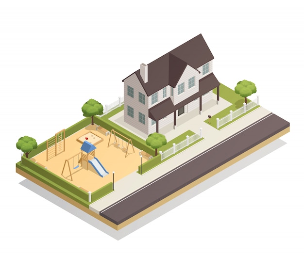 Free vector playground near residential house isometric composition