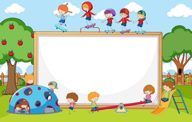 Free vector playground scene with blank banner many kids doodle cartoon character