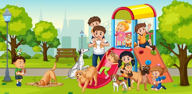 Сцена детской площадки с детьми, играющими с собаками