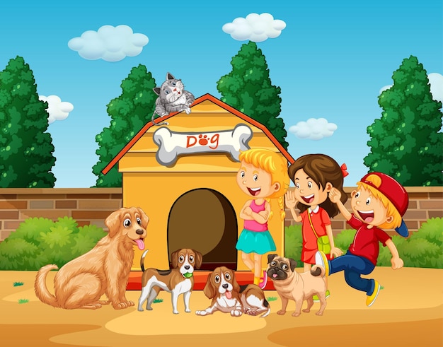 Playground scene with children playing with their dogs