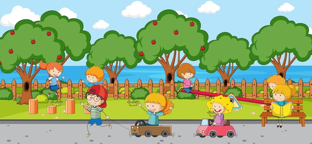 Playground scene with many kids doodle cartoon character