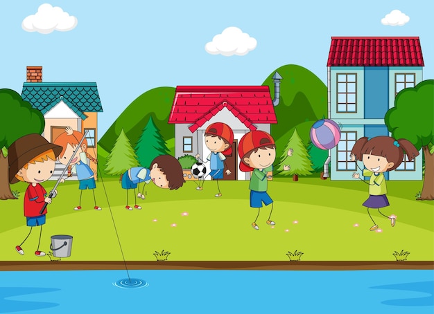 Free vector playground scene with many kids