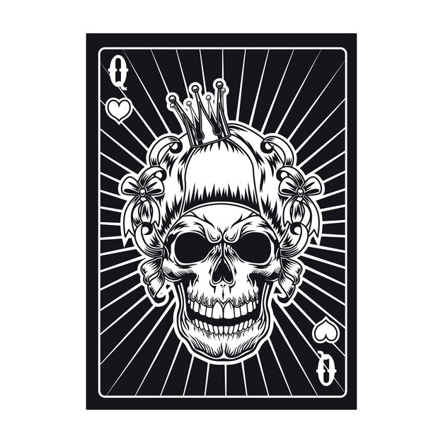 Playing card with aggressive skull of queen. Hearts