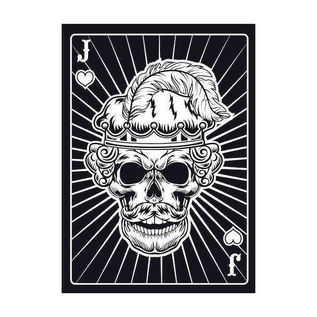 Free vector playing card with angry jack skull. hearts, feather