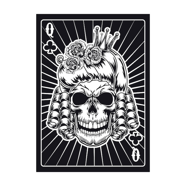 Playing card with angry queen skull. club