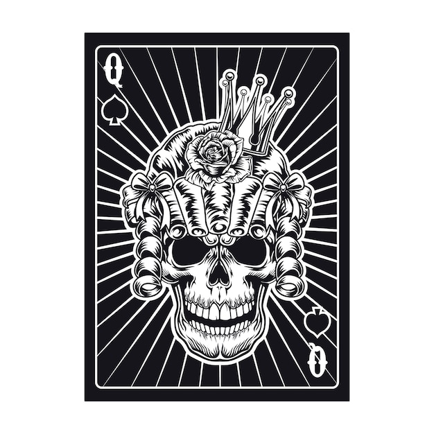 Playing card with queen skull in wig. Spades