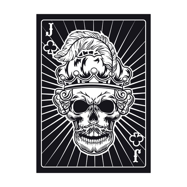 Playing card with skull of jack in crown with feather. Club, royal hat