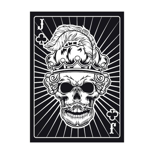 Playing card with skull of jack in crown with feather. Club, royal hat