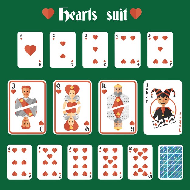 Игральные карты сердца красный костюм набор джокер и обратно изолированных векторных иллюстраций