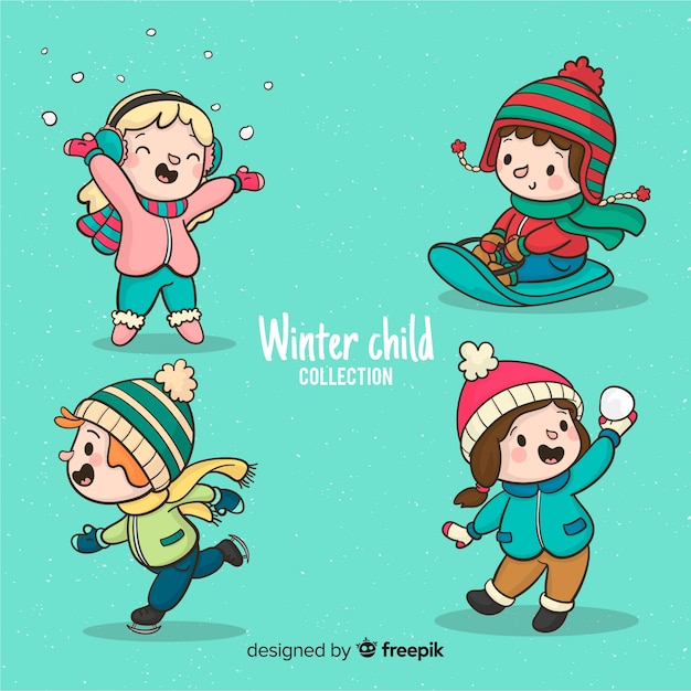 Free vector playing kids winter collection