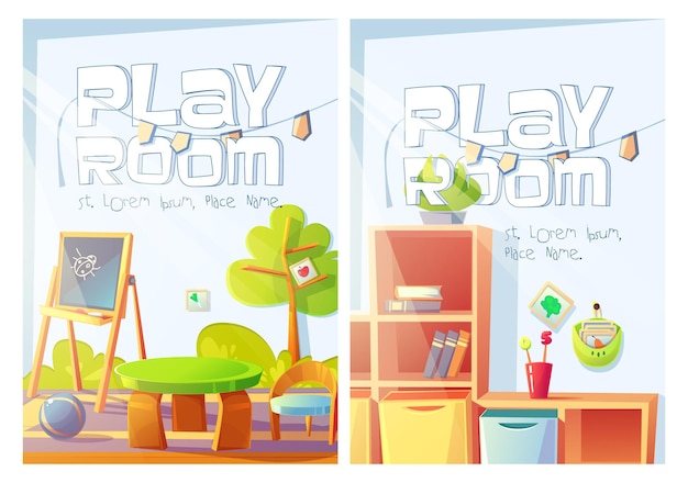 Free vector playroom flyers with kindergarten or daycare center interior. vector posters of nursery room with cartoon illustration of toys and furniture for kids, blackboard for children drawing and bookcase