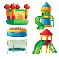 Playroom in kindergarten with slide and trampoline