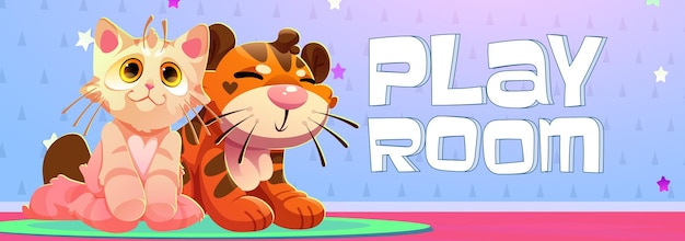 Playroom poster with plush toys for children Vector banner of nursery room in kindergarten or preschool with cartoon illustration of cute cat and tiger soft kids toys