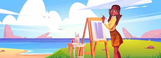 Free vector plein air on sea coastline young african teenage girl standing near canvas on easel with paint brush in hand and drawing landscape cartoon vector illustration of artistic workshop or hobby leisure