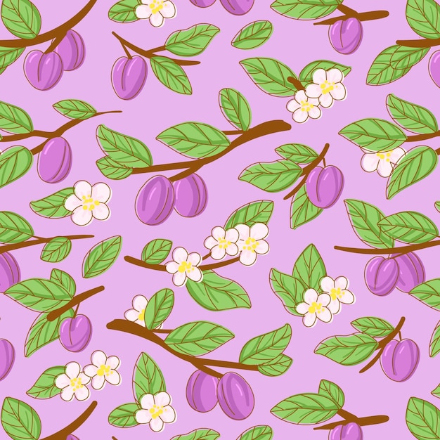 Free vector plum fruit and flowers seamless pattern