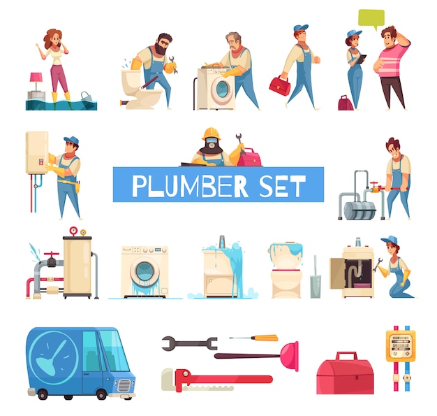Plumber big cartoon set with burst pipes repair flooded home fixing sanitary washing machine installation 