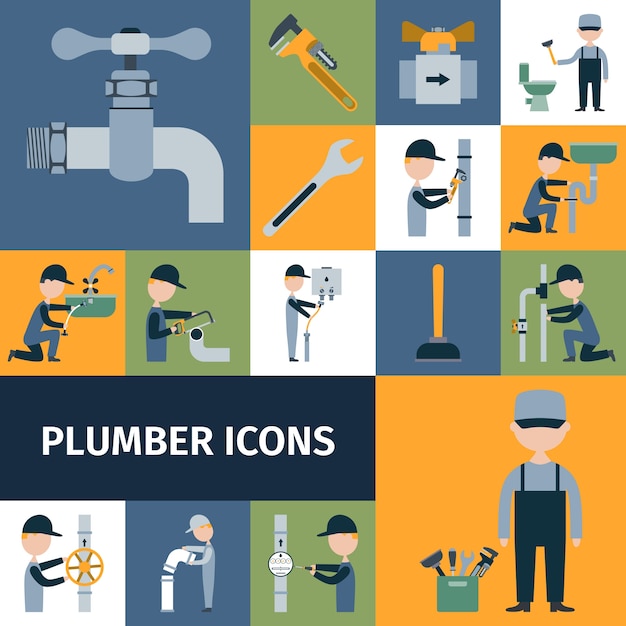 Plumber icons set Free Vector
