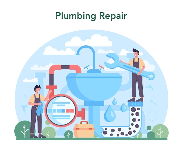 配管工配管サービス専門家による浴室設備および下水道システムの修理と清掃ベクトル図