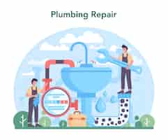 無料ベクター 配管工配管サービス専門家による浴室設備および下水道システムの修理と清掃ベクトル図