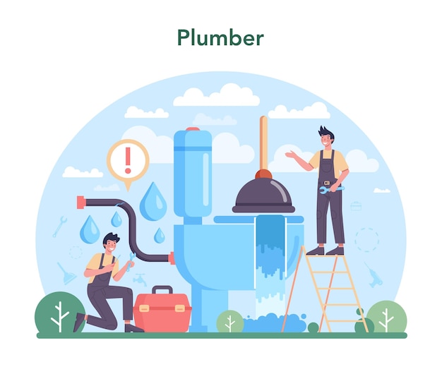 Plumber plumbing service professional repair and cleaning of bathroom equipment and sewerage systems vector illustration